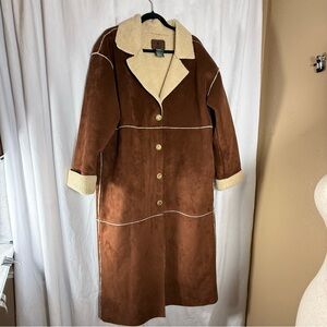 Vintage Ralph Lauren Sherpa Lined Faux Suede Long Coat Notch Collar Button close